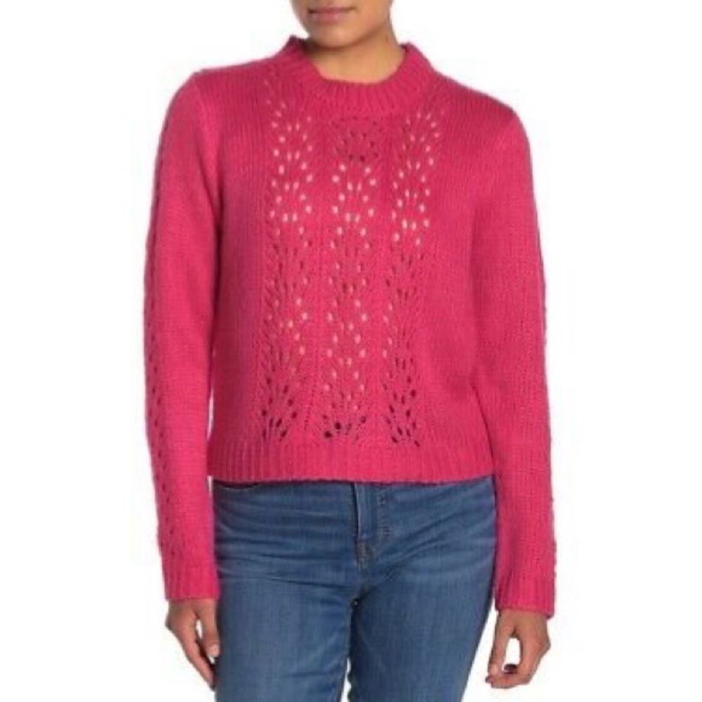 WOVEN HEART Sweater Open Stitch Crop Pullover Sweater Hot Pink